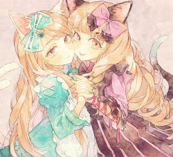 Rule 34 | 2girls, :p, animal ears, bad id, bad pixiv id, blunt bangs, blush, bow, cat ears, cat girl, cat tail, cheek-to-cheek, drill hair, hair bow, heads together, holding hands, jessica (jinrou judgment), jinrou judgment, long sleeves, looking at viewer, multiple girls, oharu-chan, puffy long sleeves, puffy sleeves, sandra (jinrou judgment), siblings, sisters, smile, tail, tongue, tongue out, twins
