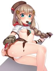 Rule 34 | 1girl, 2drr, arm support, ass, beret, between breasts, blue eyes, blush, bow, braid, breasts, brown bow, brown hat, brown skirt, candy, chocolate, chocolate bar, chocolate on body, closed mouth, commentary, crop top, fnc (girls&#039; frontline), food, food in mouth, food on body, girls&#039; frontline, hair between eyes, hair bow, hair ornament, hat, highres, long hair, looking at viewer, lying, medium breasts, mouth hold, on side, panties, pleated skirt, shirt, short sleeves, simple background, skirt, solo, underboob, underwear, white background, white panties, white shirt