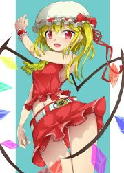 Rule 34 | 1girl, bad anatomy, bare arms, bare shoulders, belt, blonde hair, flandre scarlet, gluteal fold, hat, hat ribbon, long hair, looking at viewer, midriff, mob cap, navel, open mouth, red eyes, ribbon, shirt, side ponytail, skirt, skirt set, sleeveless, sleeveless shirt, smile, solo, thighs, touhou, upskirt, uumaru1869, wings, wrist cuffs