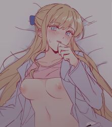 Rule 34 | 1girl, :d, bed sheet, blonde hair, blue eyes, blush, breasts, claire francois, clothes lift, coat, collarbone, colored eyelashes, come hither, dark, ear blush, hair spread out, half updo, hand to own mouth, hand up, highres, lab coat, large breasts, long hair, long sleeves, looking at viewer, lying, narrowed eyes, nipples, no bra, on back, open clothes, open coat, open mouth, out-of-frame censoring, parted lips, pink shirt, raeclairex, shirt, shirt lift, smile, solo, stomach, sweat, swept bangs, upper body, watashi no oshi wa akuyaku reijou