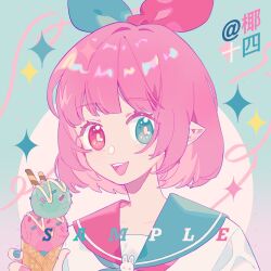 Rule 34 | 1girl, blue background, blue bow, blue eyes, blue nails, blue neckerchief, blue sailor collar, blunt bangs, bow, cinnamon stick, circle, collarbone, collared shirt, colored eyelashes, commentary, food, gradient background, hair bow, heterochromia, highres, holding, holding food, holding ice cream, ice cream, looking at viewer, multicolored nails, nail polish, neckerchief, open mouth, original, pink bow, pink eyes, pink hair, pink nails, pink neckerchief, pink ribbon, pink sailor collar, pointy ears, polka dot, polka dot background, rabbit brooch, ribbon, sailor collar, sailor shirt, sample watermark, shirt, short hair, smile, solo, sparkle, sparkling eyes, sprinkles, symbol-only commentary, teeth, twitter username, two-tone bow, two-tone neckerchief, two-tone sailor collar, upper body, upper teeth only, watermark, white shirt, white sleeves, yellow pupils, yeshisi