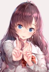 Rule 34 | 10s, 1girl, :3, ahoge, blue eyes, blurry, blush, bow, bowtie, brown hair, cardigan, collarbone, commentary request, depth of field, dress shirt, earrings, highres, ichinose shiki, idolmaster, idolmaster cinderella girls, index finger raised, jewelry, koi dance, long hair, looking at viewer, open cardigan, open clothes, open mouth, outstretched arm, red bow, red bowtie, shirt, simple background, smile, solo, somalisu, wavy hair