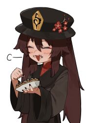 Rule 34 | 1girl, black nails, blush, brown hair, chinese clothes, closed eyes, eating, fingernails, flasso, food, food on face, genshin impact, happy, highres, hu tao (genshin impact), long sleeves, nail, open mouth, smile, solo, takoyaki