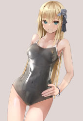 Rule 34 | 1girl, aqua eyes, bad id, bad pixiv id, bare shoulders, black one-piece swimsuit, blonde hair, blush, breasts, collarbone, covered navel, egami, fate (series), flower, grin, hair flower, hair ornament, hand on own hip, highres, long hair, looking at viewer, lord el-melloi ii case files, medium breasts, one-piece swimsuit, reines el-melloi archisorte, smile, swimsuit, thighs