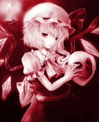 Rule 34 | 1girl, bad id, bad pixiv id, candle, emon (glossy black), female focus, flandre scarlet, hat, hat ribbon, red eyes, ribbon, short hair, short sleeves, side ponytail, skirt, skull, solo, spot color, touhou, wings