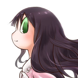 Rule 34 | 1girl, profile picture, black hair, blunt bangs, bow, bowtie, chamaji, close-up, commentary request, floating hair, from side, green eyes, hime cut, houraisan kaguya, japanese clothes, long hair, looking at viewer, lowres, signature, simple background, smile, solo, touhou, upper body, white background