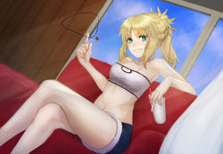 Rule 34 | 1girl, absurdres, aito, bare shoulders, blonde hair, breasts, cleavage, commentary, fate/apocrypha, fate/grand order, fate (series), green eyes, highres, looking at viewer, mordred (fate), mordred (fate/apocrypha), mordred (memories at trifas) (fate), navel, open mouth, ponytail, short hair, shorts, simple background, smile, solo