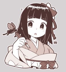 Rule 34 | 1girl, :o, blunt bangs, blush, bow, bug, butterfly, chinese knot, cropped torso, dot nose, hair bow, hair ribbon, holding, holding pen, insect, japanese clothes, kimono, limited palette, long hair, long sleeves, looking at animal, mawaru (mawaru), nib pen (object), open mouth, original, outline, pen, red rope, ribbon, rikorisu (mawaru), rope, solo, straight hair