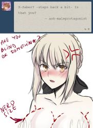 Rule 34 | 1girl, anger vein, artoria pendragon (fate), blonde hair, blush, bow, braid, breast envy, dotted line, english text, fate/stay night, fate (series), french braid, hair bow, hair up, looking at viewer, nude, pale skin, saber (fate), saber alter, solo, tumblr, tusia, yellow eyes