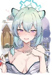 Rule 34 | 1girl, absurdres, animal ears, aqua hair, bare shoulders, blue archive, blue halo, blush, breasts, cleavage, collarbone, condom, condom wrapper, drunk, hair between eyes, halo, heart, highres, holding, holding condom, japanese clothes, kimono, looking at viewer, mango (mgo), medium hair, official alternate costume, open mouth, outdoors, pink eyes, shigure (blue archive), shigure (hot spring) (blue archive), smile, snow, solo, sweat, upper body, white kimono