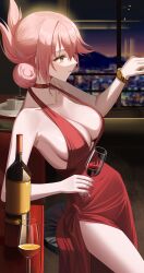 Rule 34 | 1girl, absurdres, bottle, breasts, cleavage, collarbone, commentary, commission, cup, dress, drinking glass, eiyuu densetsu, english commentary, glass, highres, indoors, large breasts, leavv, parted lips, pink hair, pixiv commission, red dress, sara valestein, sen no kiseki, short hair, sleeveless, sleeveless dress, solo, thighs, watch, wine bottle, wine glass, yellow eyes