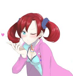 Rule 34 | 1girl, absurdres, blowing kiss, blue eyes, digimon, female focus, heart, highres, kiss, looking at viewer, one eye closed, red hair, shiramine nokia, solo, twintails, wink