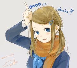 Rule 34 | 1girl, :d, blue eyes, blue jacket, blue neckerchief, blush, brown hair, commentary request, dated, english text, grey background, hair ornament, hairclip, hand up, highres, index finger raised, jacket, looking at viewer, milestone celebration, neckerchief, open mouth, orange scarf, original, sako (35s 00), scarf, shirt, signature, simple background, smile, solo, thank you, upper body, white shirt