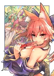 Rule 34 | 3girls, animal ear fluff, animal ears, aqua hair, aqua kimono, bamboo, bamboo forest, bare shoulders, black hair, blue kimono, blue ribbon, blush, breasts, brown hair, cleavage, cloak, commentary, commentary request, detached sleeves, dragon girl, dragon horns, fang, fate/extella, fate/extra, fate/grand order, fate (series), forest, fox ears, fox girl, fox tail, gradient hair, green hair, hair ribbon, hairband, hood, hooded cloak, horns, japanese clothes, kimono, kiyohime (fate), large breasts, long hair, looking at viewer, low twintails, multicolored hair, multiple girls, multiple horns, nature, origami, osakabehime (fate), pink cloak, pink hair, ribbon, sash, skin fang, tail, tamamo (fate), tamamo no mae (fate/extra), twintails, very long hair, wisespeak, yellow eyes