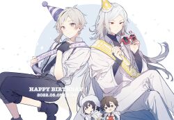 Rule 34 | 4boys, absurdres, bishounen, bntw22, bungou stray dogs, character request, dazai osamu (bungou stray dogs), formal, fur hat, happy birthday, hat, highres, male focus, multiple boys, party hat, red eyes, shirt, short hair, sitting, suit, suspenders, ushanka, white hair, white shirt