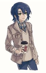 Rule 34 | 1boy, athrun zala, blue hair, brown jacket, casual, cup, cyaninefinch, denim, disposable cup, green eyes, gundam, gundam seed, gundam seed freedom, highres, holding, holding cup, jacket, jeans, light smile, looking at viewer, pants, short hair, solo, white background