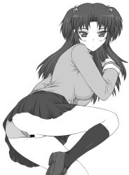 Rule 34 | 00s, 1girl, ass, blush, breasts, censored, clannad, clothing aside, greyscale, hair bobbles, hair ornament, ichinose kotomi, large breasts, lying, monochrome, panties, panties aside, pussy, school uniform, shichimenchou, simple background, solo, twintails, two side up, underwear