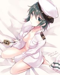 Rule 34 | 1girl, admiral (kancolle), admiral (kancolle) (cosplay), barefoot, bed sheet, between legs, blush, breasts, cleavage, coat, collarbone, convenient arm, cosplay, dated, eyepatch, full body, green eyes, green hair, groin, hand between legs, hand on own face, hands in opposite sleeves, hat, heterochromia, jacket, jacket on shoulders, kabocha torute, kantai collection, kiso (kancolle), long sleeves, medium breasts, military, military uniform, naked coat, naval uniform, no bra, no panties, open clothes, open coat, peaked cap, pleated skirt, sailor hat, short hair, sideways hat, sitting, skirt, sleeves past wrists, solo, twitter username, uniform, unworn eyepatch, unworn skirt, wariza, white coat, white hat, white skirt, yellow eyes