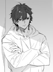 Rule 34 | 1boy, :/, crossed arms, greyscale, hood, hoodie, kise itsuki, looking to the side, male focus, monochrome, original, sketch, solo, upper body
