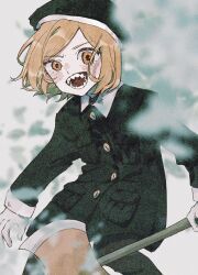 Rule 34 | 1girl, axe, blonde hair, blurry, blush, buttons, collared jacket, depth of field, fate/grand order, fate (series), feet out of frame, film grain, gloves, green headwear, green jacket, highres, holding, holding axe, jacket, long sleeves, looking at viewer, open mouth, orange eyes, paul bunyan (fate), sharp teeth, short hair, solo, sosotemuyo, swept bangs, teeth, white gloves