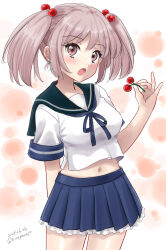 Rule 34 | 1girl, blue sailor collar, blue skirt, cherry, commentary request, cowboy shot, food, fruit, hair bobbles, hair ornament, holding, kantai collection, kitagawa mikio, medium hair, one-hour drawing challenge, open mouth, pink eyes, pink hair, pleated skirt, sailor collar, sailor shirt, sazanami (kancolle), school uniform, serafuku, shirt, short sleeves, skirt, solo, twintails, white shirt