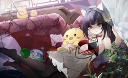 1girl animal_ears azur_lane bare_shoulders black_hair black_panties breasts clothing_cutout couch dress evil_grin evil_smile fox_ears fox_girl full_body grin hair_ornament hand_on_own_stomach highres hip_focus holding holding_stuffed_toy indoors kaya_(tyhk7874) long_hair lying nagato_(azur_lane) nagato_(meta)_(azur_lane) on_back on_couch panties petite see-through_clothes see-through_dress shaded_face sleeveless sleeveless_dress small_breasts smile solo stuffed_toy thighhighs underboob_cutout underwear very_long_hair white_dress yellow_eyes