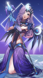 Rule 34 | 1girl, absurdres, alternate costume, alternate hair color, angel, angel wings, armor, atlantic mercy, bad id, bad pixiv id, crescent, crescent hair ornament, crown, earrings, gloves, hair ornament, hango, highres, holding, holding staff, jewelry, lips, looking at viewer, mechanical wings, mercy (overwatch), overwatch, overwatch 1, purple hair, shoulder armor, spread wings, staff, wings