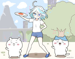 Rule 34 | 1girl, animal, beamed eighth notes, beamed sixteenth notes, blue eyes, blue footwear, blue hair, blue shorts, blue sky, building, cat, closed mouth, cloud, commentary request, crocs, day, eighth note, eyes visible through hair, food request, furina (genshin impact), genshin impact, hair between eyes, hand on own hip, heterochromia, holding, holding plate, mitya, multicolored hair, musical note, outdoors, plate, purple eyes, quarter note, shadow, shirt, short shorts, short sleeves, shorts, sky, smile, standing, streaked hair, tree, twitter username, white hair, white shirt