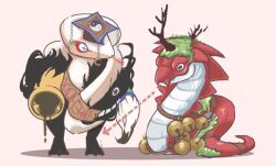 Rule 34 | antlers, arrow (symbol), bell, boitata, chinese clothes, commentary request, crescent, crescent hat ornament, demon, evil snake lord, full body, guan hat, hat ornament, holding, holding jar, horns, jar, jingle bell, looking at another, mian guan, monster, moss, no humans, ofuda, paintbrush, pi (pyaaaro), ragnarok online, snake, standing, white snake, yin yang