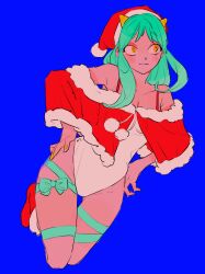 Rule 34 | 1girl, bare shoulders, blue background, blush, bow, fur trim, green eyes, green ribbon, hand on own thigh, highres, horns, long hair, looking to the side, lum, one-piece swimsuit, pecopecosupipi, red footwear, ribbon, santa costume, smile, swimsuit, thigh gap, thighs, urusei yatsura, white one-piece swimsuit, yellow eyes, yellow nails