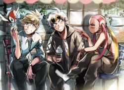 Rule 34 | 1girl, 2boys, black jacket, blonde hair, blush, bracelet, chair, creatures (company), cup, disposable cup, eye contact, eyeshadow, eyewear on head, game freak, gen 7 pokemon, gen 8 pokemon, glasses, grey eyes, guzma (pokemon), hair ornament, jacket, jewelry, light brown hair, long hair, looking at animal, looking at another, makeup, molayne (pokemon), multicolored hair, multiple boys, necklace, nintendo, outdoors, pe-ji, pikipek, pink hair, plumeria (pokemon), pokemon, pokemon (creature), pokemon sm, ponytail, shirt, short sleeves, sitting, sunglasses, sweatdrop, t-shirt, team skull, twintails, two-tone hair, watch, whipped cream, white hair, white shirt, wristband, wristwatch, yellow eyes