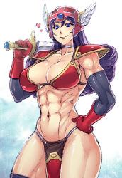 Rule 34 | 1girl, abs, armor, bikini armor, blue eyes, breasts, choker, chunsoft, cleavage, dragon quest, dragon quest iii, elbow gloves, enix, gloves, heart, helmet, large breasts, muscular, muscular female, purple hair, red armor, redrop, shoulder pads, smile, soldier (dq3), solo, sword, weapon