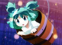 Rule 34 | 1girl, blue eyes, bow, bucket, female focus, green hair, hair bow, in bucket, in container, kisume, shokkin, short hair, solo, touhou, twintails