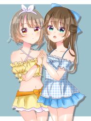 Rule 34 | 2girls, :o, aqua background, aqua bow, aqua eyes, arm garter, arm ribbon, artist name, artist request, bare legs, bare shoulders, bikini, bikini skirt, blue bow, blue eyes, blush, bow, bracelet, breasts, bridal garter, brown eyes, brown hair, checkered bow, checkered clothes, checkered swimsuit, cleavage, collarbone, criss-cross halter, cross-laced clothes, cross-laced one-piece swimsuit, dress, dress swimsuit, female focus, fingers together, frilled bikini, frilled swimsuit, frills, gem, grey hair, hair between eyes, hair bow, hair ornament, hairband, hairclip, half updo, halterneck, high ponytail, jewelry, light brown hair, long hair, looking at viewer, love live!, love live! nijigasaki high school idol club, love live! school idol festival, multiple girls, nakasu kasumi, one-piece swimsuit, orange bow, osaka shizuku, own hands together, parted lips, pearl (gemstone), pearl bracelet, pink eyes, plaid, plaid bikini, plaid dress, pleated, pleated dress, ponytail, puffy short sleeves, puffy sleeves, purple eyes, ribbon, short hair, short sleeves, small breasts, smile, swimsuit, white bow, white hair, white hairband, white ribbon, x hair ornament, yellow bikini