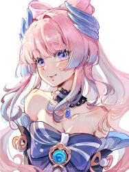 Rule 34 | 1girl, bare shoulders, blue bow, blue hair, bow, choker, commentary request, dress, genshin impact, gradient hair, highres, looking at viewer, mihan77108047, multicolored hair, off-shoulder dress, off shoulder, pink hair, purple eyes, sangonomiya kokomi, simple background, smile, solo, upper body, vision (genshin impact), white background