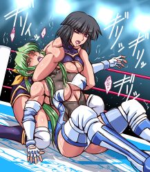 Rule 34 | 2girls, abs, black hair, blush, bob cut, boots, breasts, choke hold, cleavage, cleavage cutout, clothing cutout, dragon sleeper, elbow gloves, elbow pads, fingerless gloves, gloves, green hair, hair ribbon, knee pads, large breasts, leotard, long hair, medium breasts, minami toshimi, multiple girls, open mouth, pain, ponytail, purple eyes, purple leotard, ribbon, sakurai chisato, short hair, stage lights, strangling, submission hold, sweat, taroimo (00120014), thigh boots, thighhighs, very long hair, white leotard, wrestle angels, wrestle angels survivor, wrestle angels survivor 2, wrestler, wrestling, wrestling boots, wrestling outfit, wrestling ring, yellow eyes