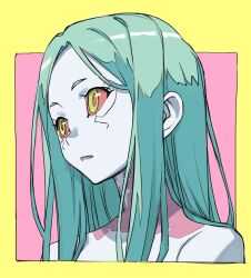 Rule 34 | 1girl, artificial eye, bare shoulders, border, colored sclera, cyberpunk (series), cyberpunk edgerunners, decoponmagi, green hair, highres, long hair, looking to the side, mechanical eye, mechanical parts, neck tattoo, pale skin, parted bangs, parted lips, pink background, portrait, rebecca (cyberpunk), red pupils, red sclera, solo, tattoo, upper body, yellow border, yellow eyes