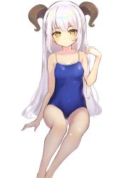 Rule 34 | 1girl, absurdres, bad id, bad twitter id, bare arms, bare legs, bare shoulders, blue one-piece swimsuit, breasts, closed mouth, collarbone, competition school swimsuit, crotch seam, curled horns, dampi, hand up, highres, horns, invisible chair, long hair, looking at viewer, one-piece swimsuit, original, sanpaku, school swimsuit, simple background, sitting, small breasts, solo, spaghetti strap, swimsuit, thighs, very long hair, white background, white hair, yellow eyes