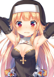 Rule 34 | 1girl, armpits, arms behind head, arms up, bare shoulders, beads, black gloves, blonde hair, blush, breasts, breasts apart, craytm, cross, earrings, elbow gloves, fang, gloves, habit, heart, heart-shaped pupils, highres, jewelry, long hair, looking at viewer, medium breasts, open mouth, original, red eyes, sidelocks, simple background, single earring, solo, symbol-shaped pupils, upper body, veil, wavy mouth, white background