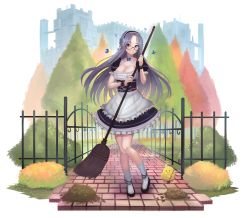 Rule 34 | 1girl, absurdres, alternate costume, apron, autumn, autumn leaves, azur lane, black footwear, black hairband, blue butterfly, breasts, broom, brown eyes, bug, butterfly, c.h.a, castle, cleavage, dress, enmaided, eyes visible through hair, fence, floating hair, framed breasts, frilled apron, frilled dress, frills, full body, hairband, highres, holding, holding broom, insect, large breasts, layered dress, leaf pile, long hair, maid, manjuu (azur lane), outdoors, puffy short sleeves, puffy sleeves, purple dress, purple hair, semi-rimless eyewear, shangri-la (azur lane), short sleeves, smile, socks, solo, waist apron, white apron, white background, white socks