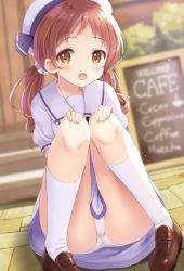 Rule 34 | 1girl, ass, beret, blurry, blurry background, blush, brown eyes, brown footwear, brown hair, chalkboard sign, clothes between thighs, day, dress, english text, gochuumon wa usagi desu ka?, hair ornament, hair scrunchie, hands on own knees, hat, knees together feet apart, knees up, komone ushio, loafers, long hair, looking at viewer, natsu megumi, on ground, open mouth, outdoors, panties, pantyshot, pavement, sailor dress, school uniform, scrunchie, shoes, short sleeves, sitting, socks, solo, stairs, twintails, underwear, white panties, white socks