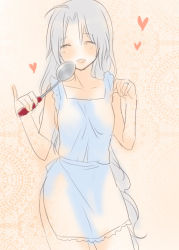Rule 34 | 1girl, apron, blush, closed eyes, female focus, heart, jewelry, machiko (beard), naked apron, open mouth, pinky out, ring, silver hair, smile, solo, standing, touhou, yagokoro eirin