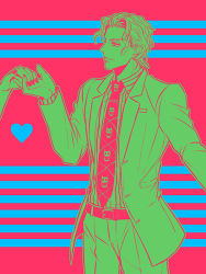 Rule 34 | 1boy, bad id, bad pixiv id, formal, holding hands, heart, hand grab, jojo no kimyou na bouken, kira yoshikage, limited palette, nail polish, necktie, striped, striped background, suit, ty 1865