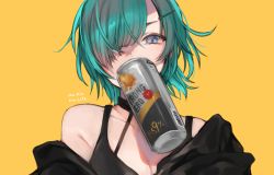 Rule 34 | 1girl, alcohol, beer, beer can, blue eyes, can, drink can, english text, food in mouth, green hair, makita (vector1525), one eye covered, original, yellow background