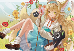 Rule 34 | 1girl, :d, animal ears, arknights, basket, black cat, blonde hair, blue hairband, blue sky, brown footwear, cat, commentary request, crossover, flower, fox ears, fox girl, fox tail, frilled hairband, frilled skirt, frills, green eyes, grey jacket, hairband, heixiu, high-waist skirt, highres, holding, jacket, kitsune, knees up, long sleeves, luo xiaohei, neck ribbon, open clothes, open jacket, open mouth, pastay, pink flower, puffy long sleeves, puffy sleeves, red flower, red ribbon, ribbon, rose, shirt, shoe soles, shoes, skirt, sky, smile, socks, suzuran (arknights), suzuran (spring praise) (arknights), tail, luo xiaohei zhanji, white flower, white rose, white shirt, white socks, yellow flower