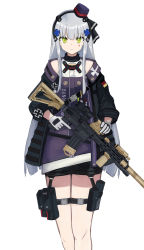 Rule 34 | 1girl, assault rifle, black ribbon, blue dress, blue headwear, blunt bangs, closed mouth, commentary, cross, dress, frown, german flag, girls&#039; frontline, gloves, green eyes, grey gloves, grey hair, gun, h&amp;k hk416, hair ribbon, highres, hk416 (girls&#039; frontline), hk416 (mod3) (girls&#039; frontline), holding, holding gun, holding weapon, iron cross, koenza botoke, long hair, long sleeves, looking at viewer, name connection, pillbox hat, pouch, ribbon, rifle, short dress, simple background, solo, standing, teardrop facial mark, thigh pouch, trigger discipline, weapon, white background