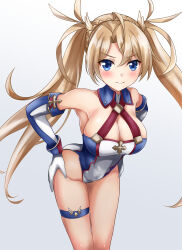 Rule 34 | 1girl, ahoge, armor, bare shoulders, blonde hair, blue eyes, blue gloves, blue leotard, bradamante (fate), bradamante (first ascension) (fate), braid, breasts, cleavage, commentary, covered navel, cowboy shot, crown braid, elbow gloves, fate/grand order, fate (series), gloves, gradient background, hands on own hips, highleg, highleg leotard, highres, leaning forward, leotard, long hair, looking at viewer, nagishy, simple background, sleeveless, solo, thigh strap, twintails, two-tone gloves, two-tone leotard, very long hair, white gloves, white leotard