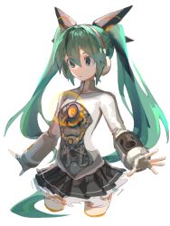 Rule 34 | 1girl, :o, android, aqua eyes, aqua hair, black skirt, bodysuit, cable, cowboy shot, cropped legs, frilled skirt, frills, glowing, grey bodysuit, hair ornament, hatsune miku, headphones, heartbeat (module), highres, lens flare, long hair, machinery, miniskirt, mutomorokoshi, odds &amp; ends (vocaloid), parted lips, pleated skirt, skirt, solo, standing, twintails, very long hair, vocaloid, white background