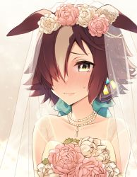 Rule 34 | 1girl, alternate costume, animal ears, bare shoulders, blush, bouquet, bridal veil, brown hair, closed mouth, collarbone, dress, flower, hair over one eye, highres, holding, holding bouquet, horse ears, horse girl, jewelry, kotobuki (momoko factory), lips, looking at viewer, multicolored hair, necklace, solo, sweat, twitter username, umamusume, upper body, veil, vodka (umamusume), wedding dress, white dress, white hair, yellow eyes