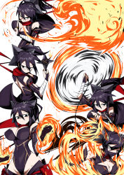 Rule 34 | 1girl, bandaged arm, bandages, black eyes, black hair, black leotard, bomb, bouncing breasts, breasts, breath weapon, breathing fire, detached sleeves, explosive, fiery hair, fire, hair between eyes, highres, holding, holding weapon, izuzu maria, large breasts, leotard, lit fuse, looking ahead, looking at viewer, looking down, looking up, mask, mouth mask, multiple views, ninja, original, red scarf, scarf, shimure (460), shuriken, spinning, weapon, white background